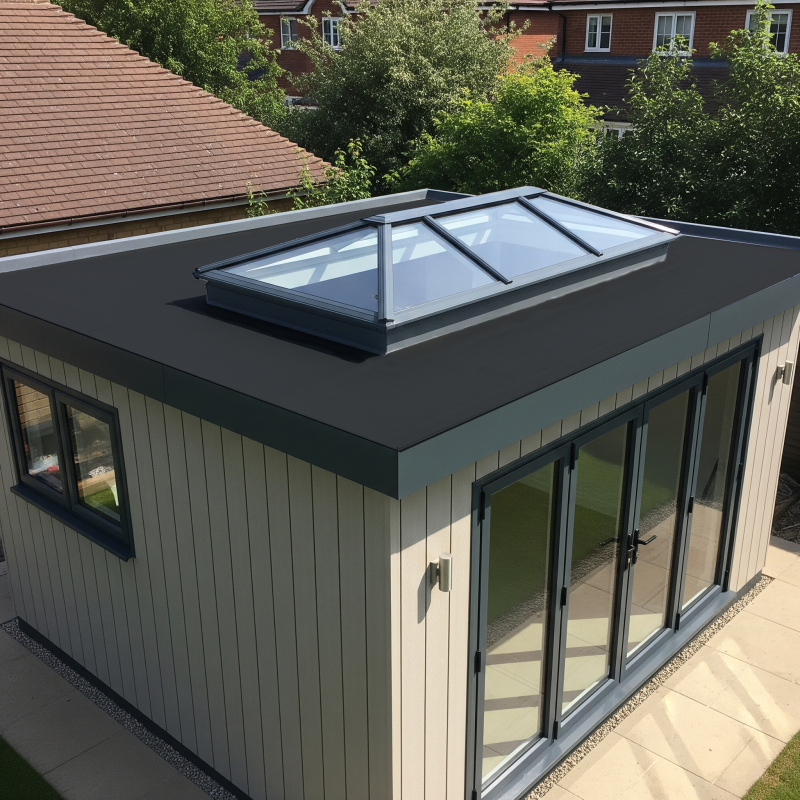 External shot of garden studio fitted with a SkyTherm Skypod